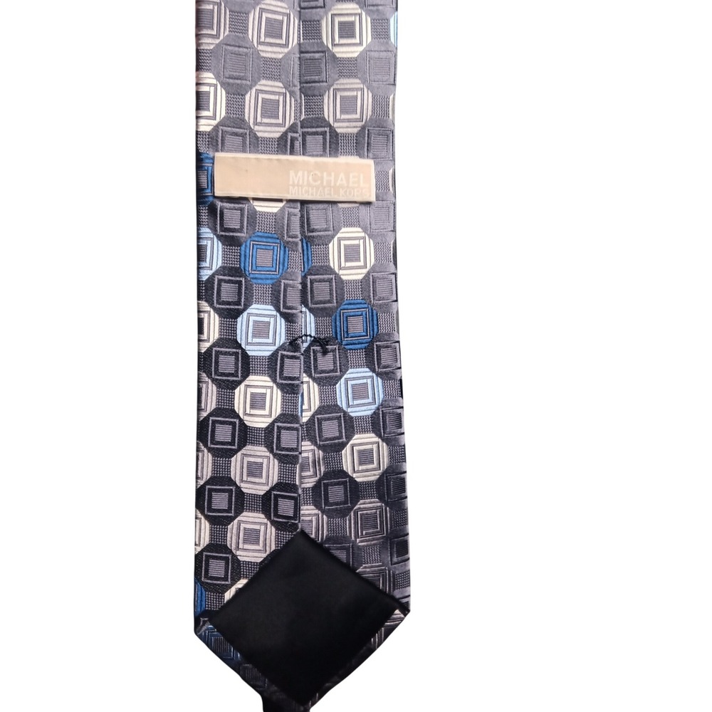 Michael Kors Men Tie Geometric Squares Pattern 100% Silk Gray Blue - Picture 2 of 6